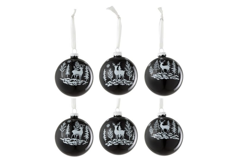 Doos Van 6 Kerstbal 2+2+2 Rendier Glas Zwart/Wit H 8 x B 8 x L 8 cm (37387)