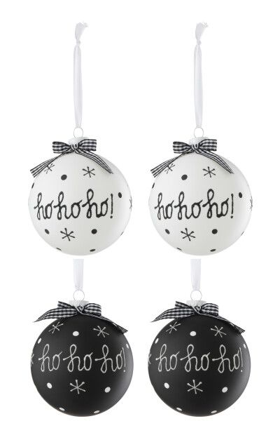 Doos Van 4 Kerstbal 2+2 Hoho+Sneeuwvlokken+Boog Glas Zwart/Wit Large H 10 x B 10 x L 10 cm  (37389)