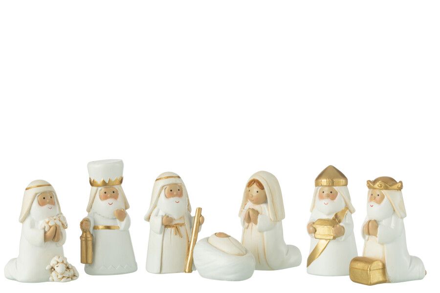 Kerststal Scene 7 Delen Resin Wit/Goud H 4 x B 4 x L 6 cm  (45637)