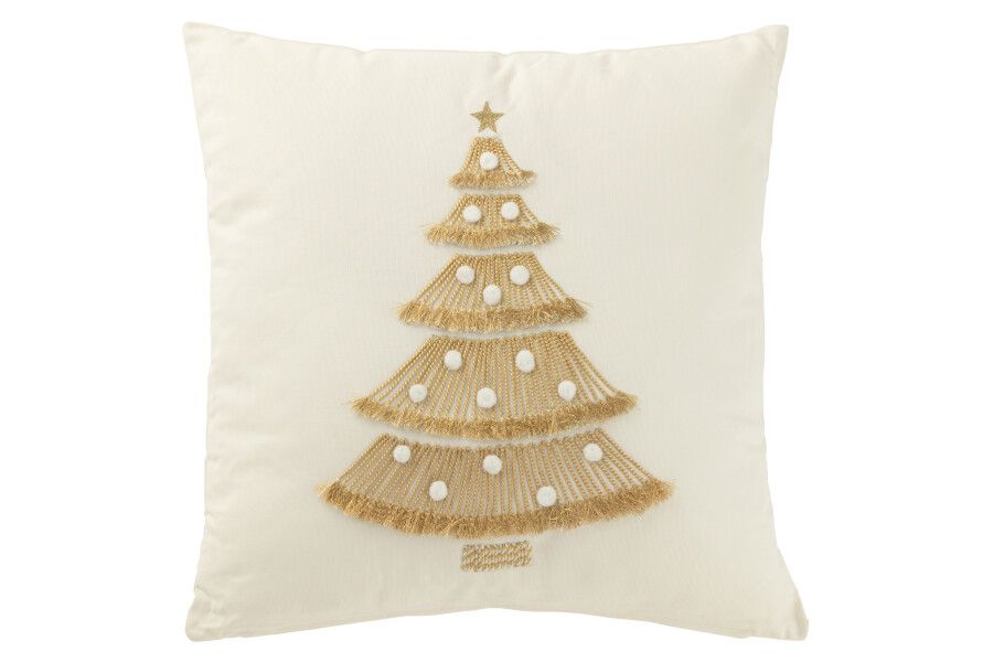 Kussen Kerstboom Franjes+Pompoms Katoen Wit/Goud H 12 x B 45 x L 45 cm  (47120)
