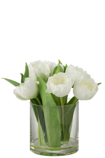 Tulpen In Vaas Rond Plastiek Glas Wit Large H 22,5 x B 18,5 x L 20 cm  (22401)