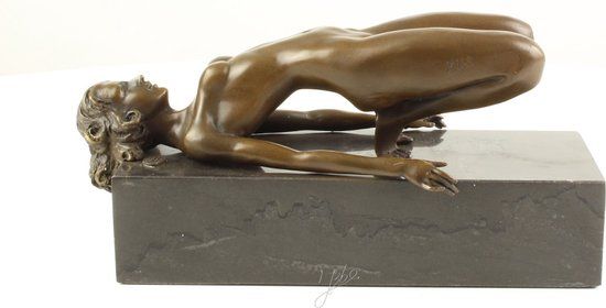 Naakte Vrouw - Bronzen Beeld - Erotisch Beeldje - Kunst Sculptuur - Brons op Marmer - Erotiek - Interieur Decoratie - 25x11x12. ( EC-33)