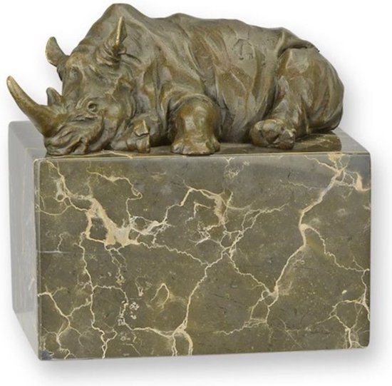 Neushoorn Beeld - Bronzen Beeld - Brons Beeldje - Kunst Sculptuur - Marmer Sokkel - Afrika Dier - Dieren Decoratie - 14x8x13. (DSSL-67)