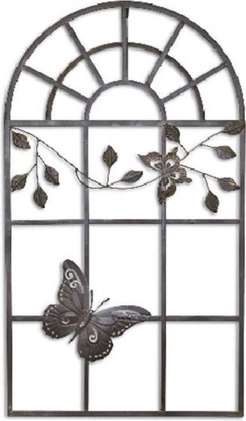 Wanddecoratie - Gietijzeren raamstijl - Vlinder en bloemen - 55 cm breed (TZ-56)