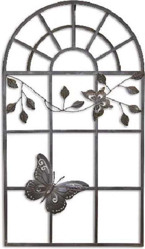 Wanddecoratie - Gietijzeren raamstijl - Vlinder en bloemen - 55 cm breed (TZ-56)