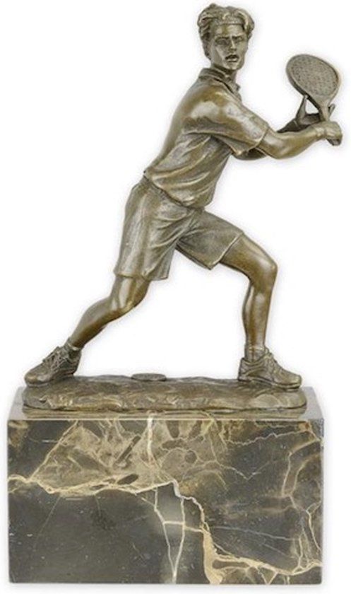 Tennis Beeld - Bronzen Beeld - Tennis Speler - Kunst Sculptuur - Tennissen Sport - Brons op Marmer - Interieur Decoratie - 14x7x24 (DSSL-25)