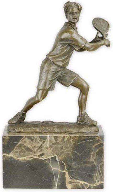 Tennis Beeld - Bronzen Beeld - Tennis Speler - Kunst Sculptuur - Tennissen Sport - Brons op Marmer - Interieur Decoratie - 14x7x24 (DSSL-25)
