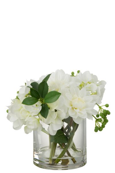 Dahlia Hydrangea In Vaas Plastiek Glas Wit (22404)