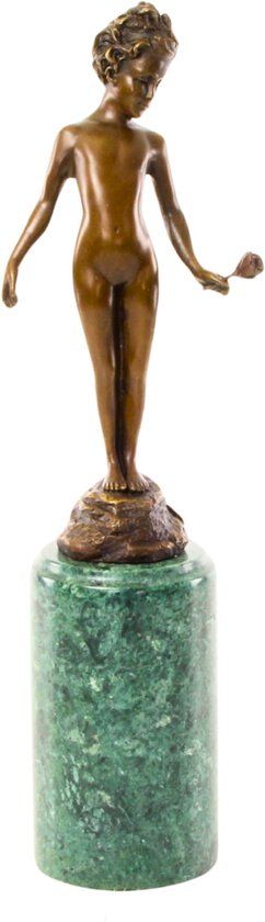 Meisje met Roos - Bronzen Beeld - Art Deco Kunst - Gesigneerd Sculptuur op Marmer Sokkel - Officiële Brons Stempel - Brons Beeldje Decoratie - Beeldend Kunstwerk - 9x7x31 (be-51)