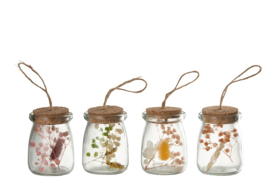 Hangende Flessen Kleurrijk Gedroogde Bloemen Glas Mix Small Assortiment Van 4 H 7,5 x B 5 x L 5 cm  (33385)