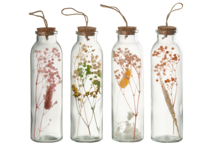 Hangende Flessen Kleurrijk Gedroogde Bloemen Glas Mix Medium Assortiment Van 4  H 20 x B 6,5 x L 6,5 cm (33386)