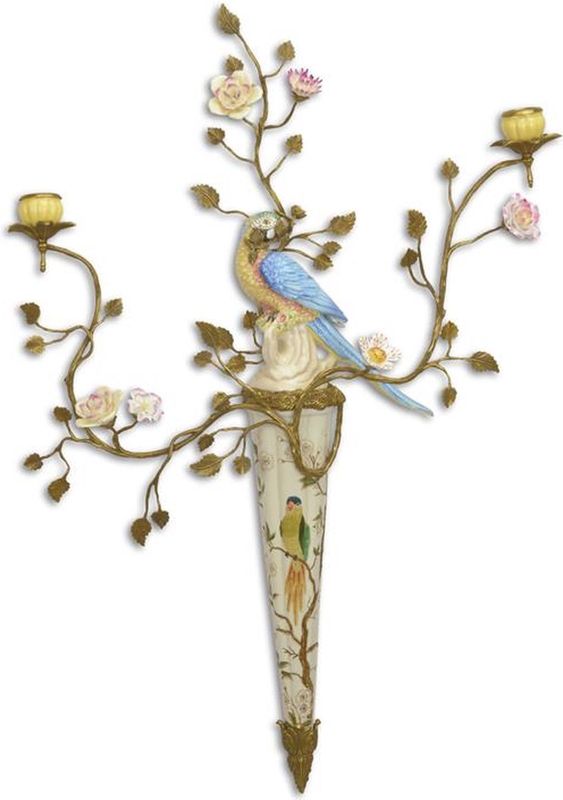 Wanddecoratie - papegaai - porselein - bloemen - 79,2 cm hoog (nn-70)