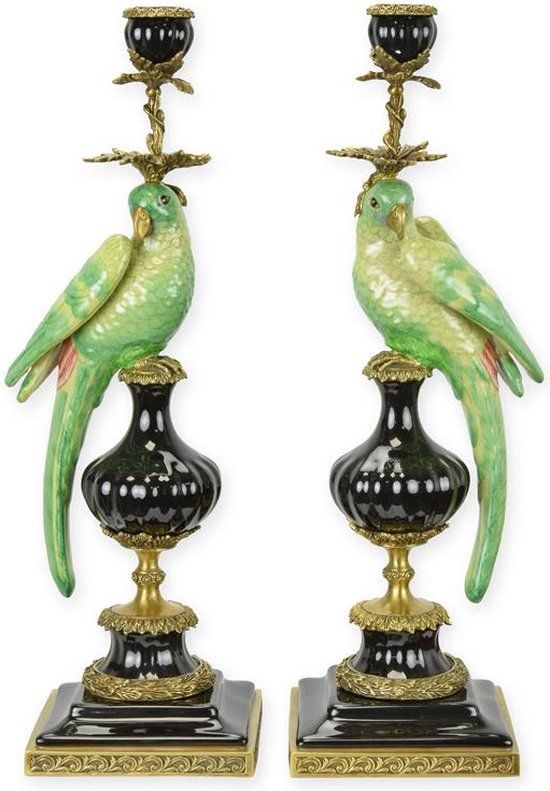 Kandelaar - papegaai groen - porselein - set van 2 - 48 cm hoog (nn-85)