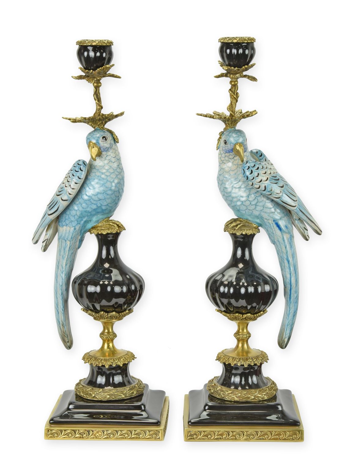 Kandelaar - papegaai blauw - porselein - set van 2 - 48 cm hoog (nn-86)