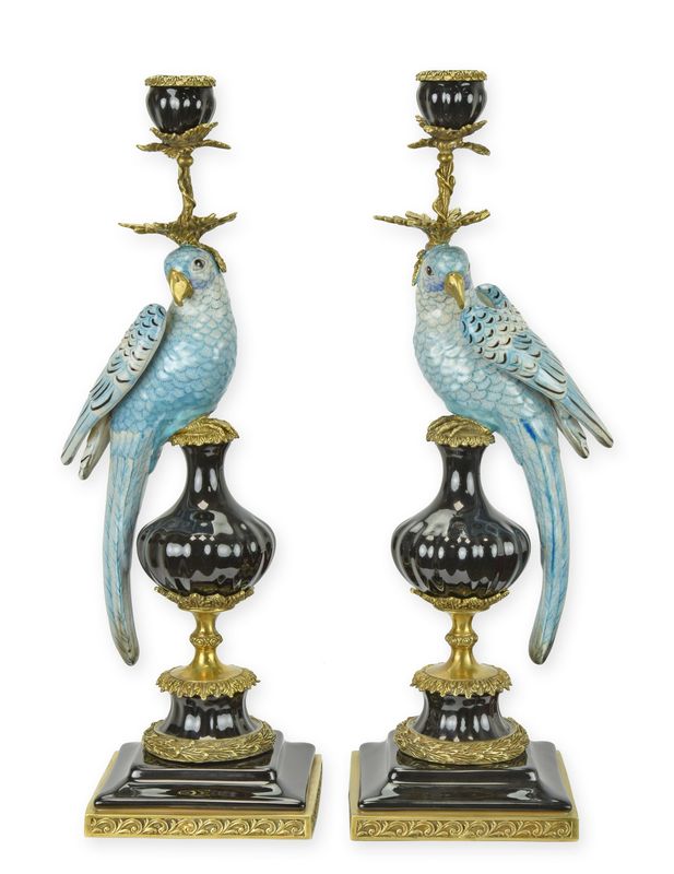 Kandelaar - papegaai blauw - porselein - set van 2 - 48 cm hoog (nn-86)