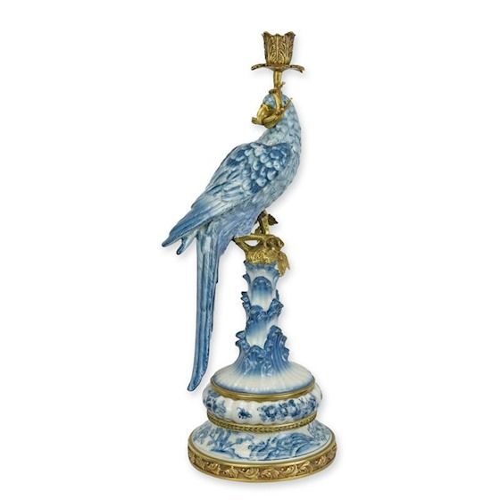 Kandelaar - papegaai - blauw - porselein - brons - 50,7cm hoog (nn-2)