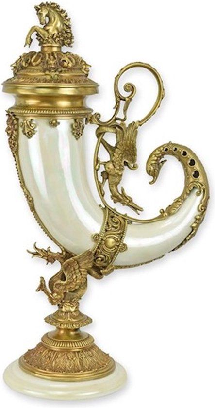 Cornucopia Hoorn Wit- Brons Met Porselein - Kunst Sculptuur - Porseleinen Hoorn - Bronzen Standaard - Luxe Decoratie - 30x17x52 (nn-29)