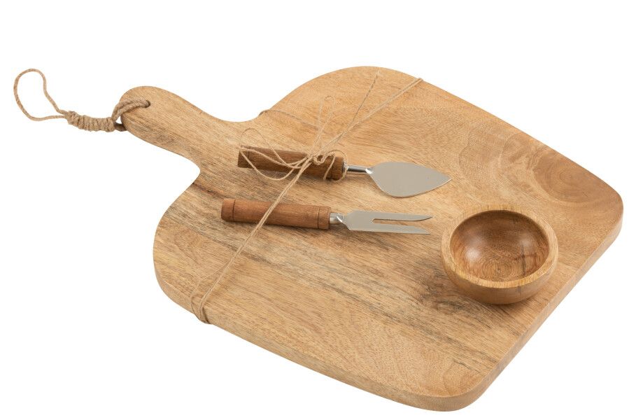 Kaasplank+Mes+Kom Mango Hout Naturel/Wit H 1,5 x B 30,5 x L 41,5 cm  (15830)