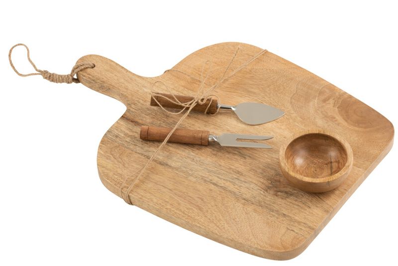 Plateau à fromage + Couteau + Bol Bois de manguier Naturel/Blanc H 1,5 x L 30,5 x L 41,5 cm (15830)