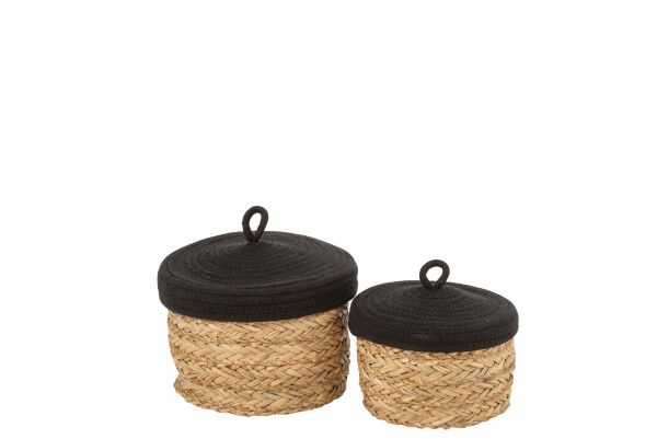 Set Van 2 Manden+Deksel Rond Gras/Katoen Naturel/Zwart H 19 x B 22 x L 22 cm (20822)
