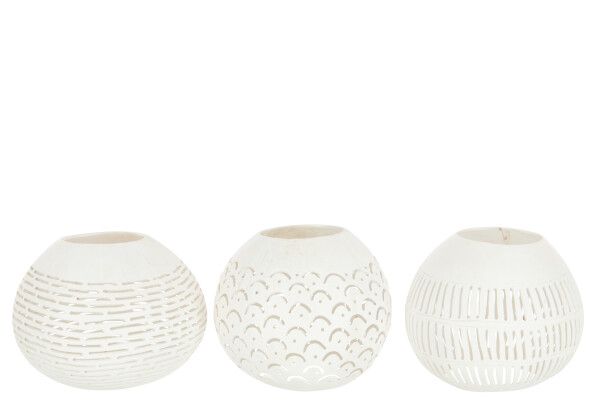 Theelichthouder Kokosnoot Lijnen Wit Assortiment Van 3 H 12,5 x B 15,5 x L 15,5 cm  (21177)