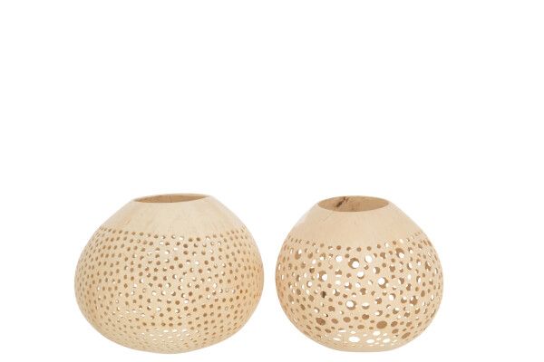 Theelichthouder Kokosnoot Gaatjes Naturel Assortiment Van 2 H 11,5 x B 14 x L 14 cm  (21178)