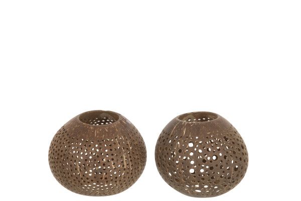Theelichthouder Kokosnoot Gaatjes Bruin Assortiment Van 2 H 12 x B 15 x L 15 cm (21180)