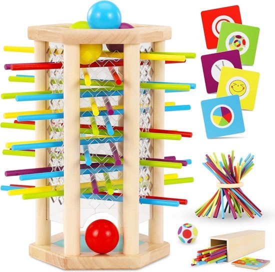 Houten bordspel - Montessori-speelgoed met kleurrijke stokjes - Dobbel- en kaartspel