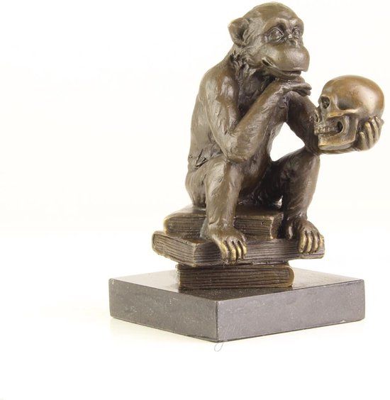 EEN BRONZEN DARWIN-AAP OP BOEKEN H 14,3 x B 8,1 x L 12,3 cm (DSFA-74)