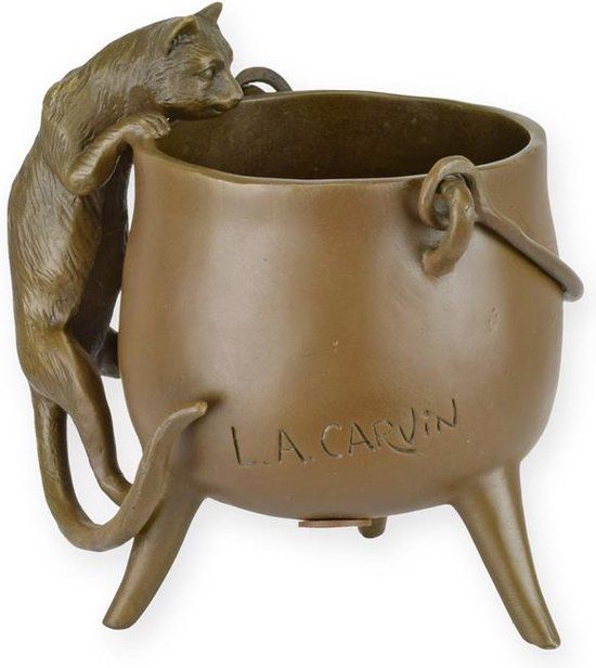 Nieuwsgierige kat - Bronzen beeld - pot H 12,5 x B 9,3 x L  12,4. cm (BX-88)