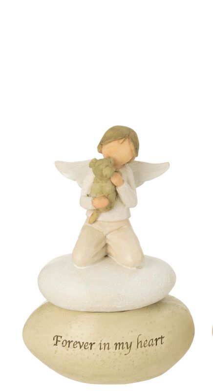 Engel Theelichthouder jongen Steen Beige/Wit  (55038 b) H 13,5 x B 7 x L 9,5 cm