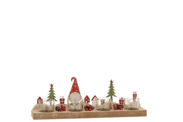 Theelichthouder Kerstmis 4 Stuks Kerstman Hout/Metaal H 7 X B 12,5 X L 36,5 CM  (37150)