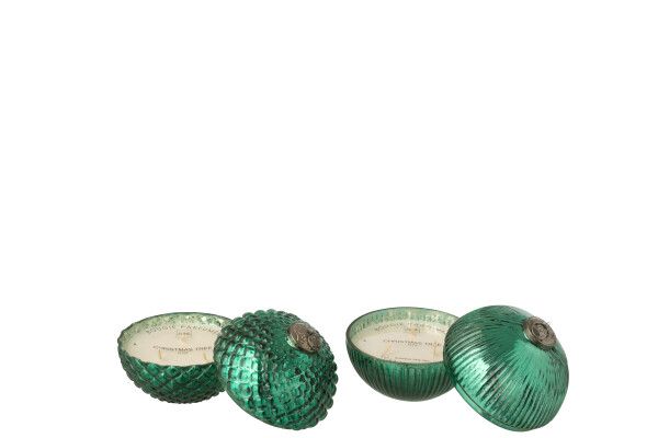 Geurkaars Kerstbal Glas Groen Small Assortiment Van 2 H 13 x B 12,5 x L 12,5 cm  (55220)