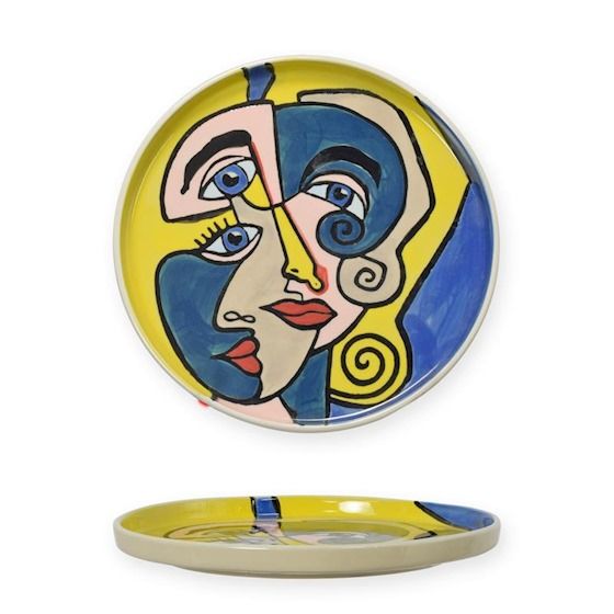 Porseleinen wandbord met abstract Picasso stijl motief – Handbeschilderd decoratief sierbord – Kunstzinnig design – Ø 27,6 cm – Luxe porselein