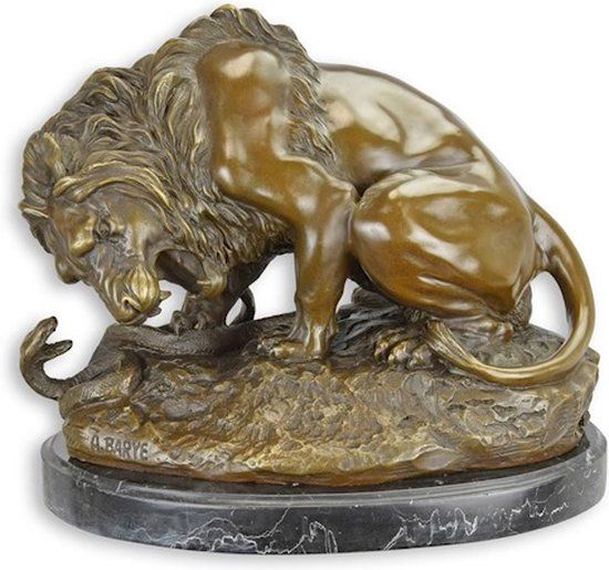 Leeuw en Slang - Bronzen Beeld - Leeuwen Beelden - Brons Sculptuur - Kunst Decoratie - 29x19x24