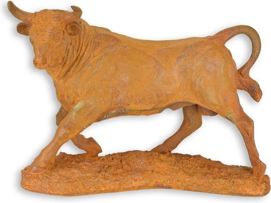 Stier Beeldje van roestig gietijzer – rustiek metalen stieren beeld als industriële woondecoratie en eyecatcher voor kantoor of woonkamer