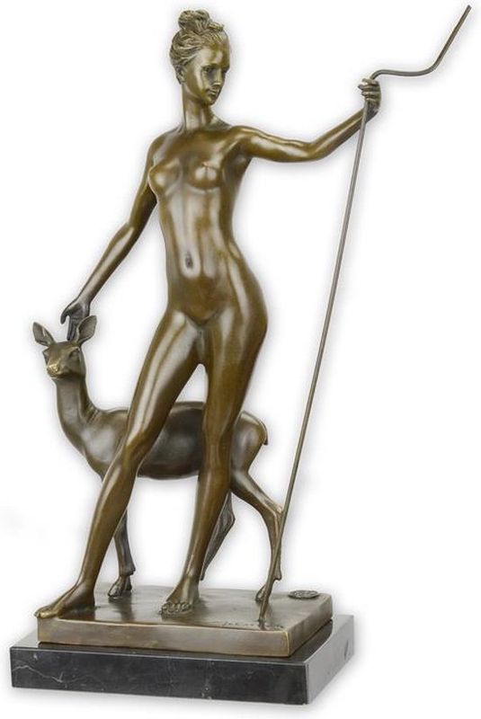 Bronzen beeld - een brons sculptuur van diana met een hert - - 32,5 cm hoog dc-34
