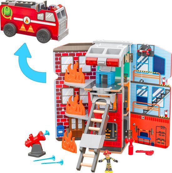 KidKraft Caserne de pompiers en bois avec 17 accessoires, lumière et son