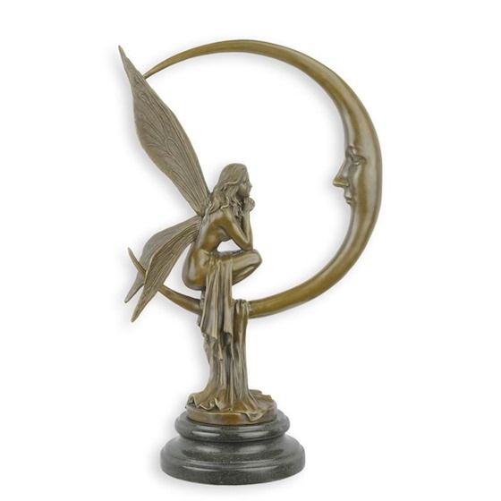 Moon Fairy - Bronzen Beeld - interieur Decoratie - Brons Beeldje - Kunstwerk Sculptuur - Magische Beelden - Sprookjes Fee - Gesigneerd - Marmer Sokkel - Gieterij stempel - 25x14x41 (be-69)