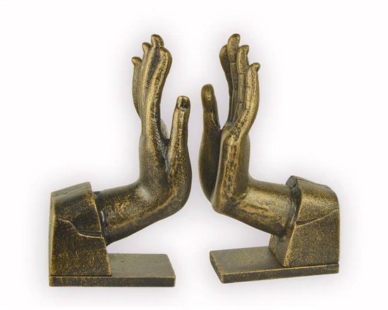 EEN PAAR GIETIJZEREN HANDVORMIGE BOEKENSTEUNEN H 23 x B 14,5 x L 7,5 cm (HA-20)