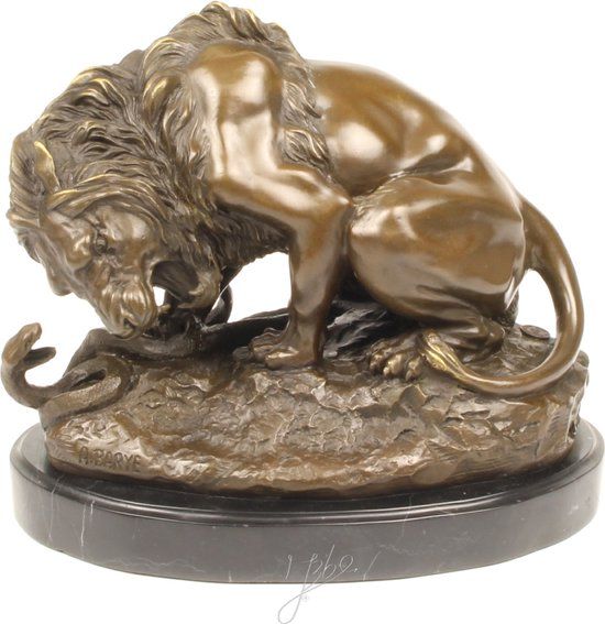 Leeuw en Slang - Bronzen Beeld - Leeuwen Beelden - Brons Sculptuur - Kunst Decoratie - 29x19x24 (DSBR-4)