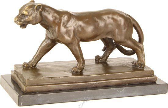 Decoratief Beeld - Bronzen Leeuwin - Brons En Natuursteen - Wexdeco - Brons - 24.1 X 11.6 Cm