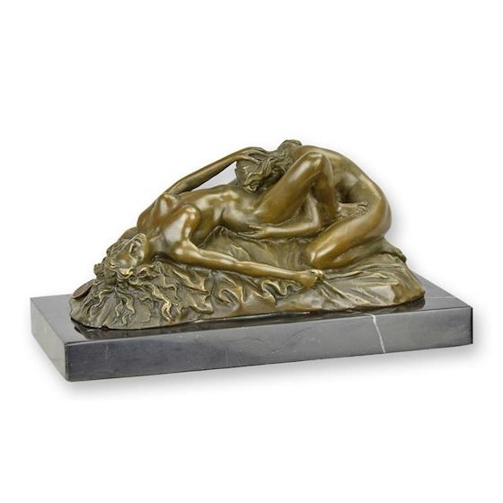 Erotisch Bronzen Beeld – Sculptuur – Liggende Vrouw, naakt kunst, decoratief woonaccent – Brons – Marmeren sokkel – Klassiek figuratief – 20,7 cm – Bronskleur