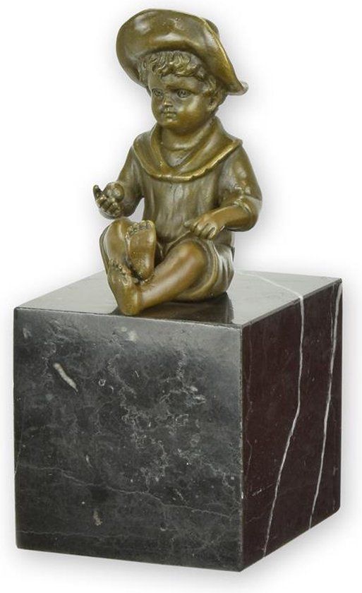 Zittende jongen - Bronzen beeld - brons op marmer - 15,2 cm (DSBE-13)