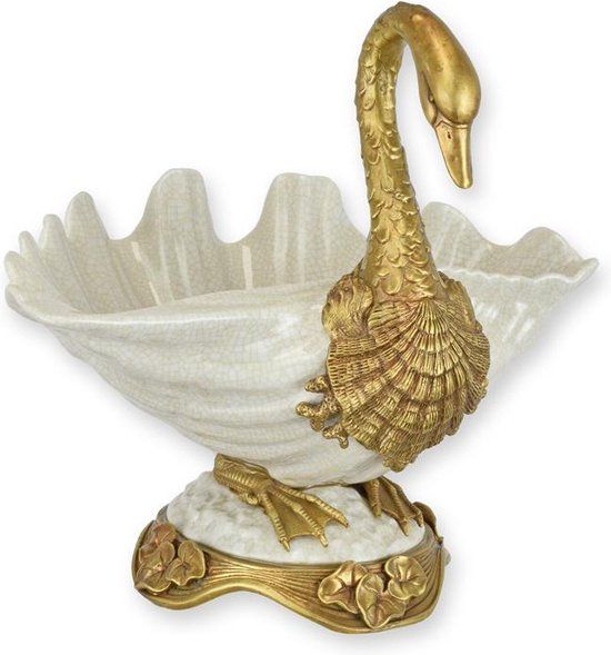 Zwaan schaal wit - Porseleinen schaal - Bronzen decoratie - 25,3 cm hoog