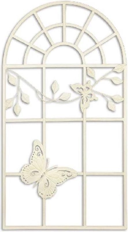 Wanddecoratie - Gietijzeren raamstijl - Vlinder en bloemen - 55 cm breed (TZ-57)