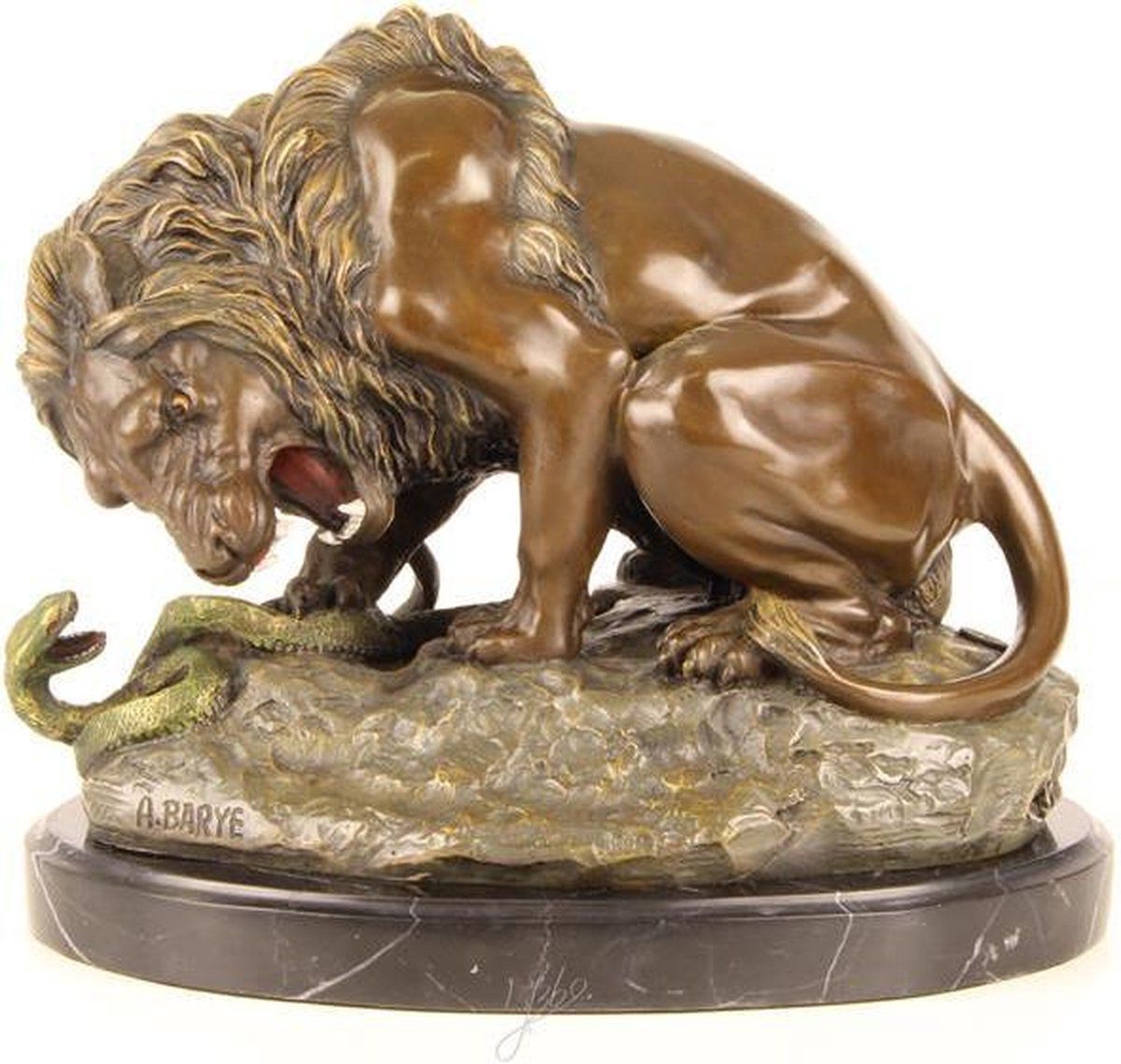 Beeld brons - Leeuw met Slang - decoratief - Dieren - 24 cm hoog (BG-20)