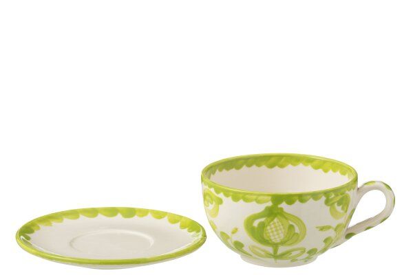 Cup+Plate Granada Ceramic White/Green H 7 x B 13 x L 13 cm  (52104) Set van 2