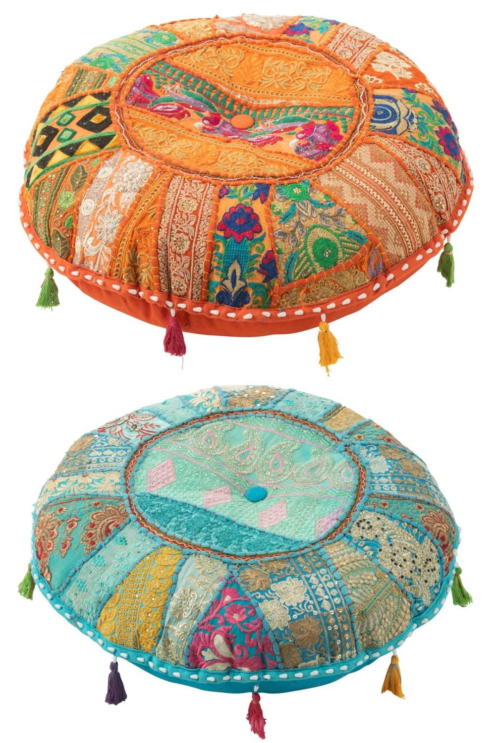 Poef Rond Plat Patronen+Kwasten Katoen Oranje/Blauw Assortiment Van 2 H 20 x B 55 x L 55 cm  (41667)