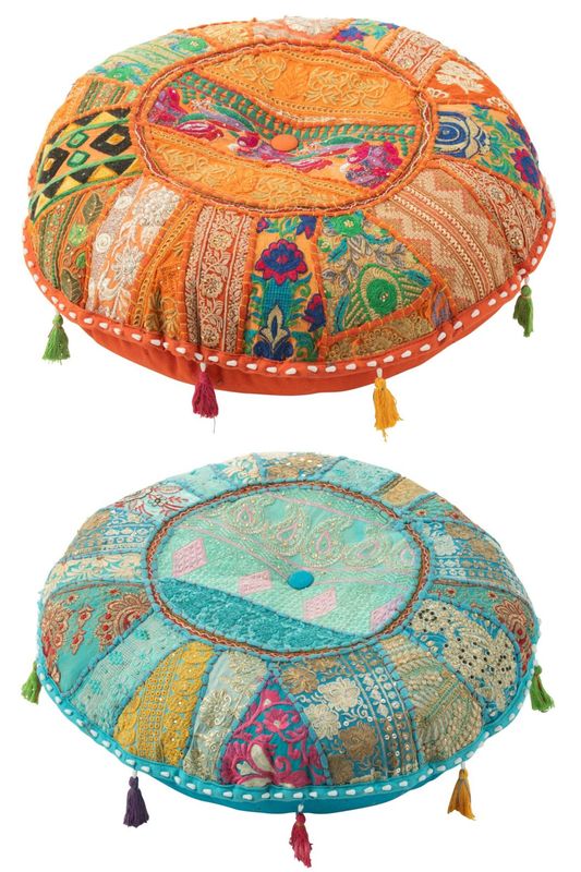 Poef Rond Plat Patronen+Kwasten Katoen Oranje/Blauw Assortiment Van 2 H 20 x B 55 x L 55 cm  (41667)